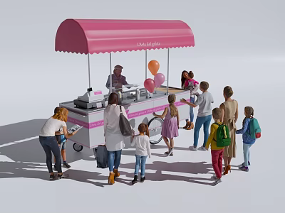 Pink Garden Kiosk With Canopy Selling Ice Cream People And Balloons Around 3d model