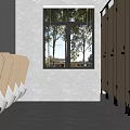 Public Toilet Interior With Wooden Stalls Urinals Tiled Walls And Window Blinds