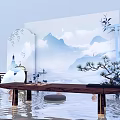 Traditional Chinese Interior With Mountain Landscape Lit Lantern Wooden Table Bonsai And Water Reflection