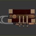 Steampunk Style Equipment With Brass Pipes Multiple Gauges Wooden Frame And Small Black Chimney