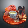 Decorative Animal Figurine With Red Stone Blue Ceramic Bowl And Wooden Plate