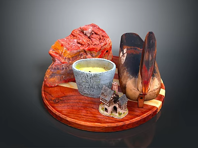 Decorative Animal Figurine With Red Stone Blue Ceramic Bowl And Wooden Plate 3d model