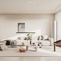 Modern Living Room Interior With Sofa Coffee Table Rug Wall Art And Natural Light