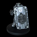 Silver Mechanical Game and Movie Robot Character With Shield Standing on Black Base