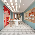 Public Office Space With Light Blue Walls Round Pendant Lights And Red Decorative Wall