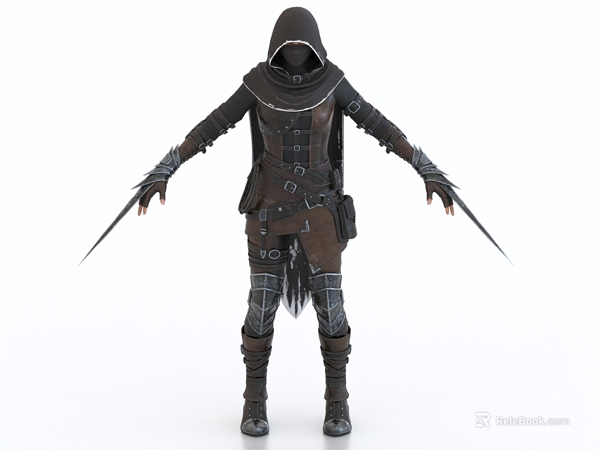 Game Movie Character In Hooded Dark Outfit With Waist Gear And Daggers 3d model 