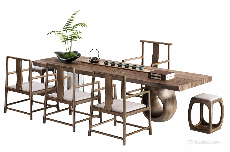 Chinese Style Wooden Tea Table and Chairs Interior With Tea Set Green Plant and Stool 3d model 