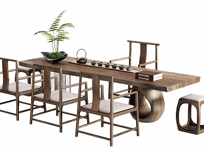 Chinese Style Wooden Tea Table and Chairs Interior With Tea Set Green Plant and Stool 3d model