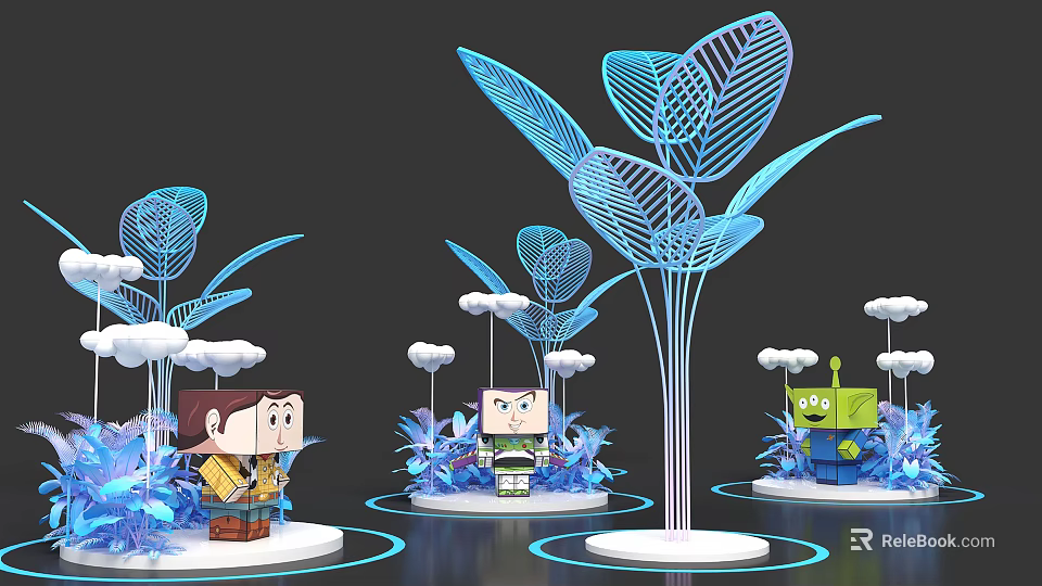 Blue Leaf Shaped Art Installation With Cartoon Figures And Cloud Decorations 3d model