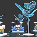 Blue Leaf Shaped Art Installation With Cartoon Figures And Cloud Decorations 3d model