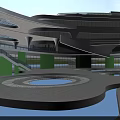 Modern Commercial Square Landscape With Glass Curtain Wall Building Fountains And Sunset Sky