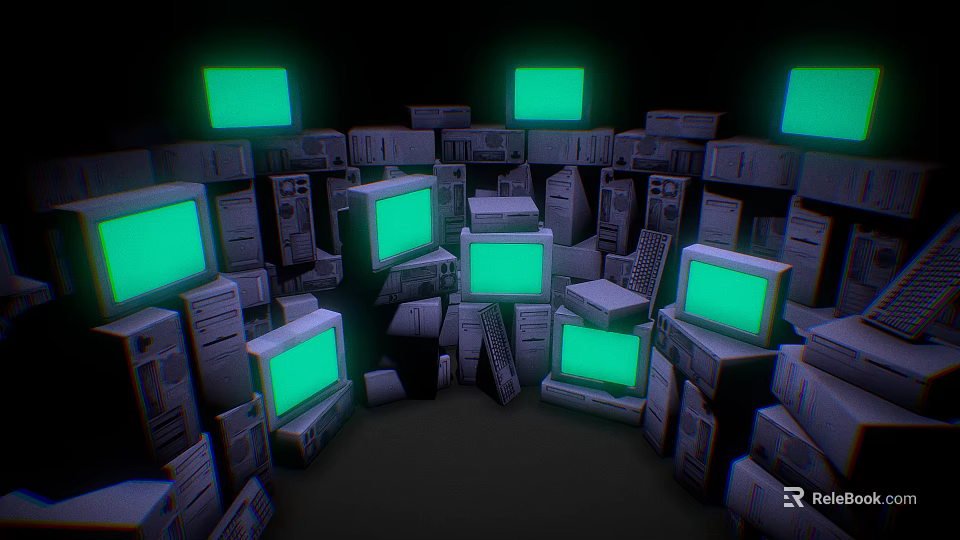 Stacked Old Computers With Green Screen Monitors In Dark Background 3d model 