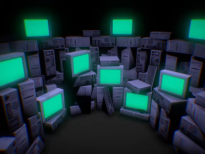 Stacked Old Computers With Green Screen Monitors In Dark Background 3d model