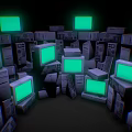 Stacked Old Computers With Green Screen Monitors In Dark Background