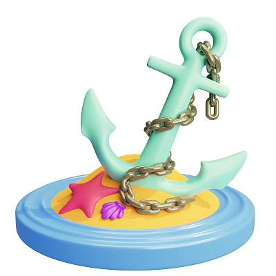 Nautical Decorative Ornament Set With Light Green Anchor Chain Blue Base Pink Starfish And Purple Seashell 3d model