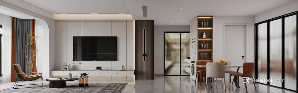 Modern Living and Dining Room Interior With Open Layout TV Wall And Dining Table 3d model