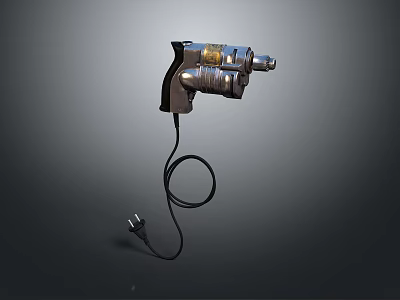 Futuristic Mechanical Device Featuring Metal Components And Coiled Cable With Plug 3d model
