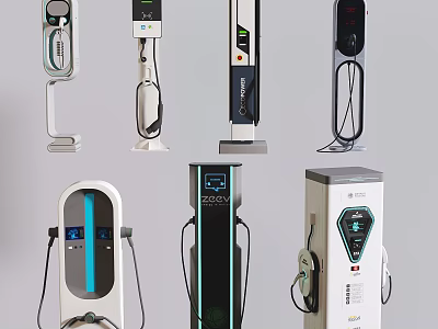 Various Modern Electric Vehicle Charging Stations With Different Designs And Display Screens 3d model