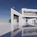 Modern White Building Exterior Design With Minimalist Staircase And Green Trees