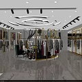 Modern Clothing Store Interior With Golden Racks Circular Display And Fashion Garments