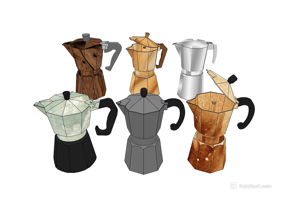 Assorted Colorful Moka Pots With Different Materials For Kitchen Coffee Tools 3d model 