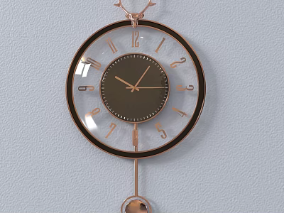 Modern Elegant Wall Clock with Metal Frame Roman Numerals and Pendulum on Light Wall 3d model