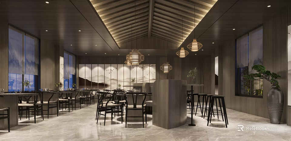 Modern Chinese Style Restaurant Interior With Wooden Ceiling Pendant Lights Marble Flooring And Tables Chairs 3d model 