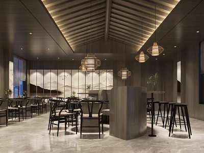 Modern Chinese Style Restaurant Interior With Wooden Ceiling Pendant Lights Marble Flooring And Tables Chairs 3d model