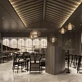 Modern Chinese Style Restaurant Interior With Wooden Ceiling Pendant Lights Marble Flooring And Tables Chairs