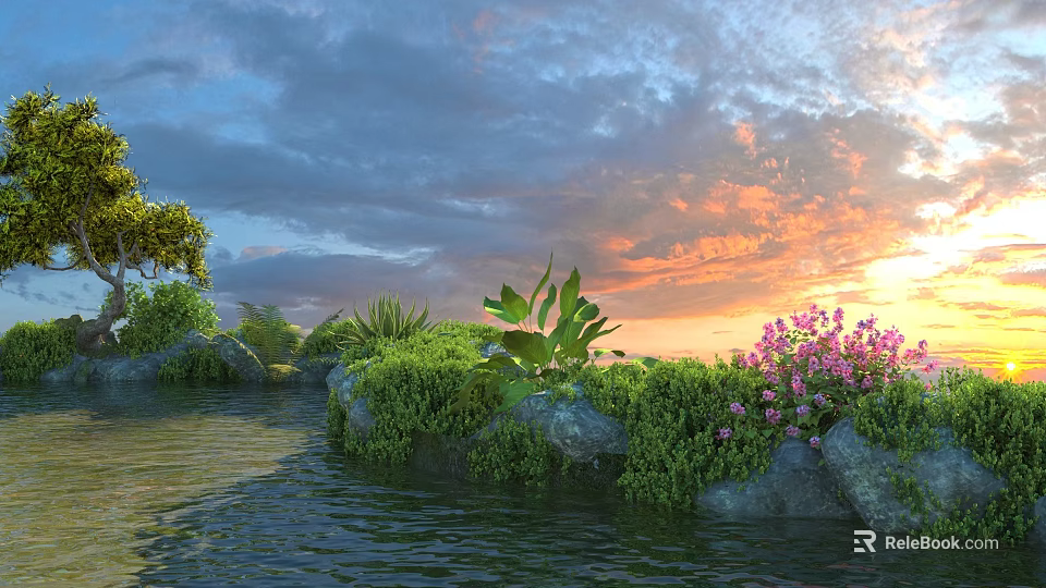 Scenic Natural Landscape With Flowing Stream Rocks Green Foliage And Pink Flowers At Sunset 3d model 