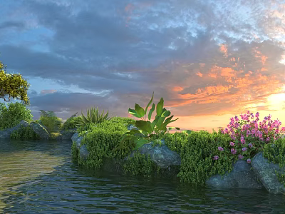 Scenic Natural Landscape With Flowing Stream Rocks Green Foliage And Pink Flowers At Sunset 3d model