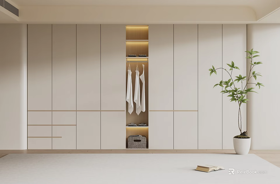 Modern Built In Light Color Wardrobe Design With Open Shelf Hangers And White Clothes 3d model 