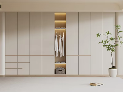 Modern Built In Light Color Wardrobe Design With Open Shelf Hangers And White Clothes 3d model