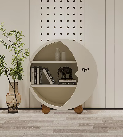 Creative Moon Shaped White Bookshelf With Shelves Books Elephant Decor Vases And Green Plant 3d model
