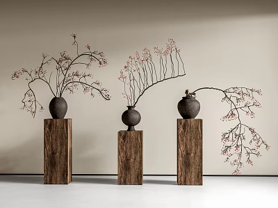 Three Black Vases With Pink Flower Branches On Wooden Pedestals Light Wall White Floor 3d model