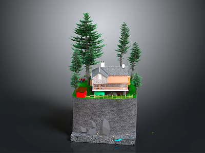 3D Model Small House Scene Surrounded by Pine Trees with Rocky Base and Water Area 3d model