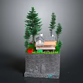3D Model Small House Scene Surrounded by Pine Trees with Rocky Base and Water Area