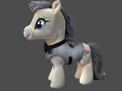 Cute Plush Pony Doll with Gray White Fur Big Eyes Gray Outfit and Colorful Logo 3d model