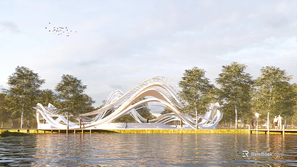Modern Wavy White Landscape Sculpture with Waterfront Trees Sky and Flying Birds Reflection 3d model 