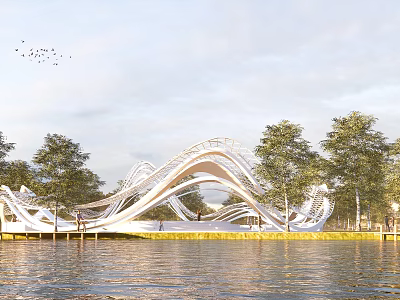 Modern Wavy White Landscape Sculpture with Waterfront Trees Sky and Flying Birds Reflection 3d model