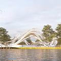 Modern Wavy White Landscape Sculpture with Waterfront Trees Sky and Flying Birds Reflection