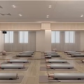 Bright Yoga Studio With Arranged Yoga Mats Foam Rollers TV Screens And Mirrors