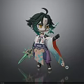 Chibi Character With Green Hair Yellow Eyes Patterned Outfit Holding Weapon On Dark Background