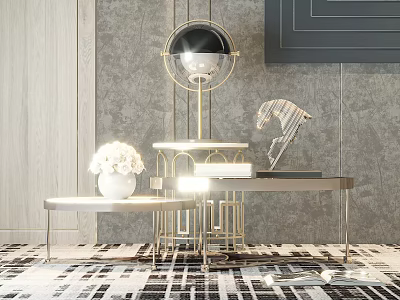 Elegant Modern Coffee Table With Gold Metal Frame Glass Top And Decorative Sculpture On Rug 3d model