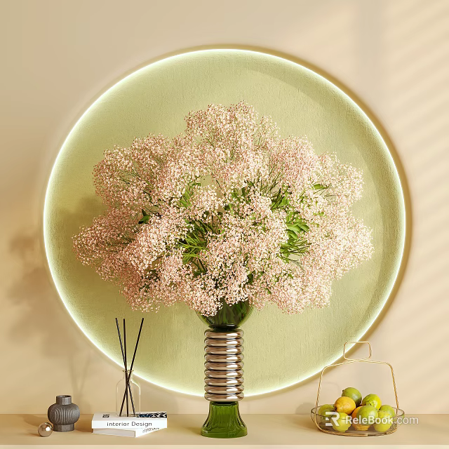 Metal Spiral Vase With Pink Delicate Flowers Against Light Green Circular Backdrop 3d model 