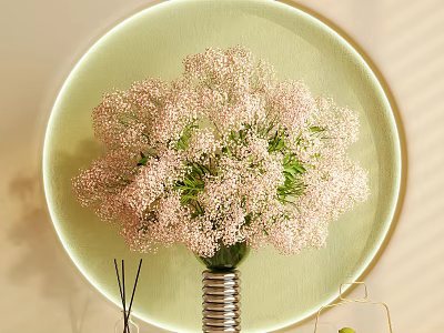 Metal Spiral Vase With Pink Delicate Flowers Against Light Green Circular Backdrop 3d model