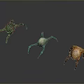 Three Colorful Spider Like Creatures With Black Purple Orange Hues And Glowing Bodies