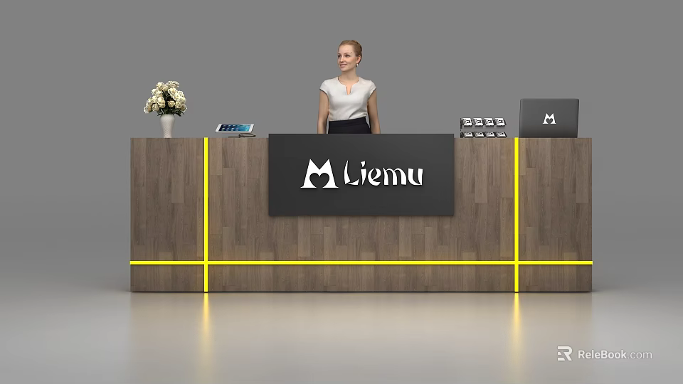 Elegant Wooden Reception Desk With Yellow Lines Liemu Sign Flower Vase Tablet And Laptop 3d model 