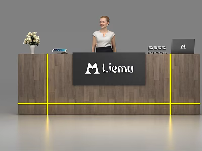 Elegant Wooden Reception Desk With Yellow Lines Liemu Sign Flower Vase Tablet And Laptop 3d model