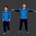 Two Kids Wearing Blue Jackets And Black Pants Standing On Gradient Background 3d model